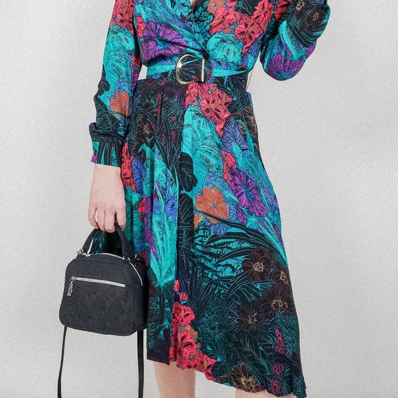 Vintage collared jewel tone pleated midi dress - Picture 6 of 8